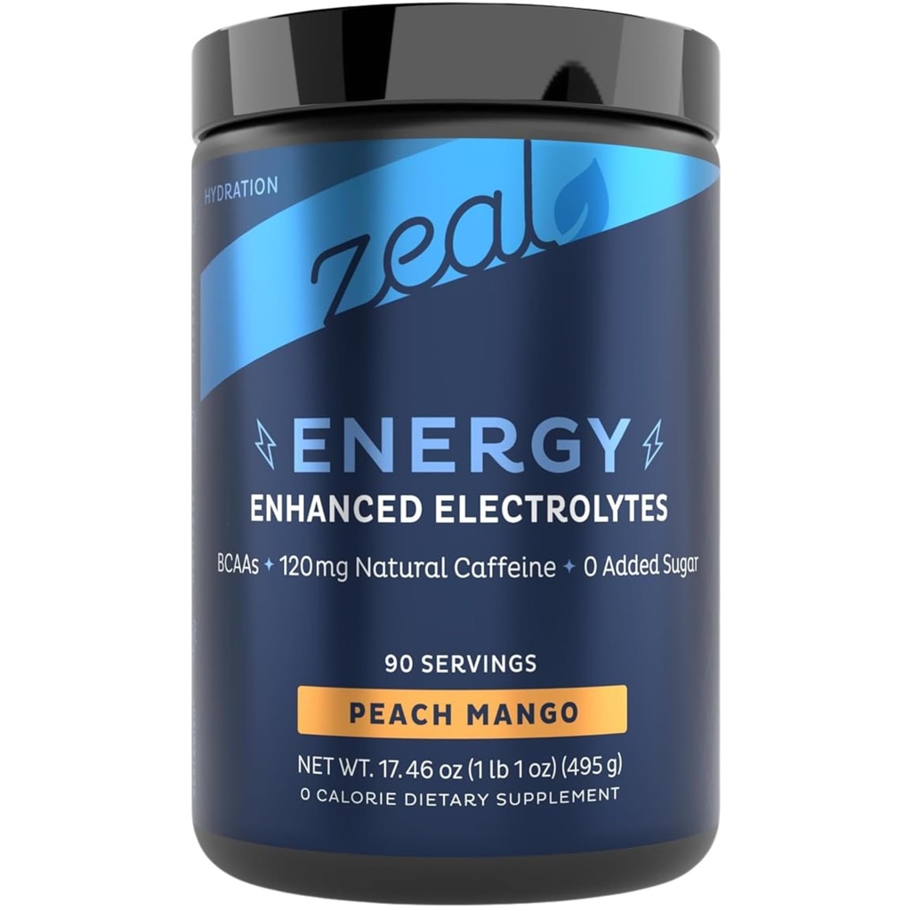 Zeal Naturals Pre- Workout Electrolyte + Energy Powder Drink Mix (90 Słupki 124; Peach Mango)