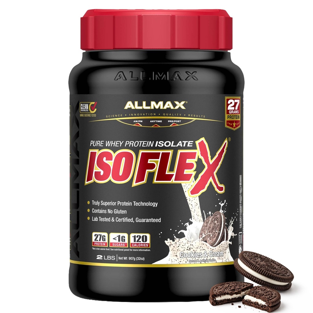 ALLMAX Nutrition ISOFLEX Izolat białka serwatki, Cookies & Cream - 2 lb - 27 gramów białka na miarkę - Zero tłuszczu i cukru - 99% Laktoza wolna - Bez glutenu i soi - Przybliżone 30 Sług