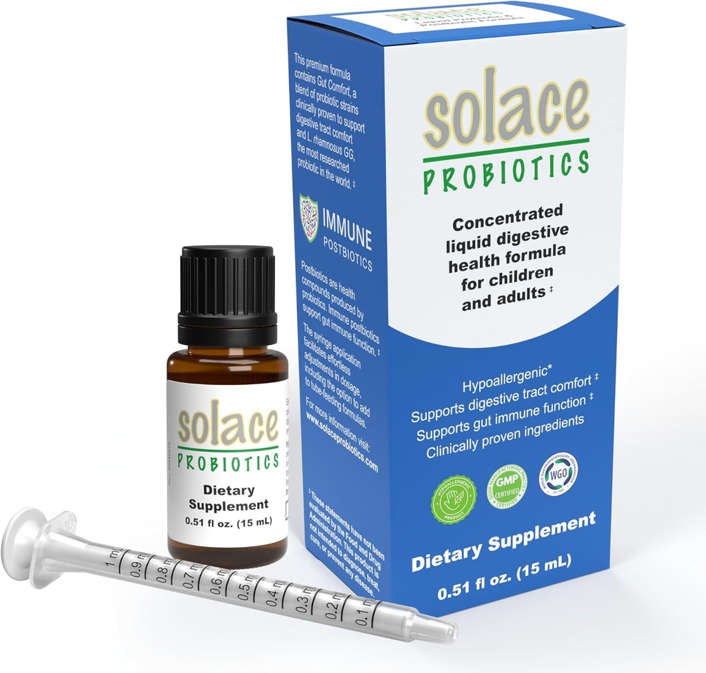 Solace Probiotics Liquid Formula dla dorosłych i dzieci - Mieszanka koncentracyjna na zdrowie i odporność na trawienie, Klinicznie zbadane, Łatwe zastosowanie strzykawki, Hipoalergiczne - 15 ml