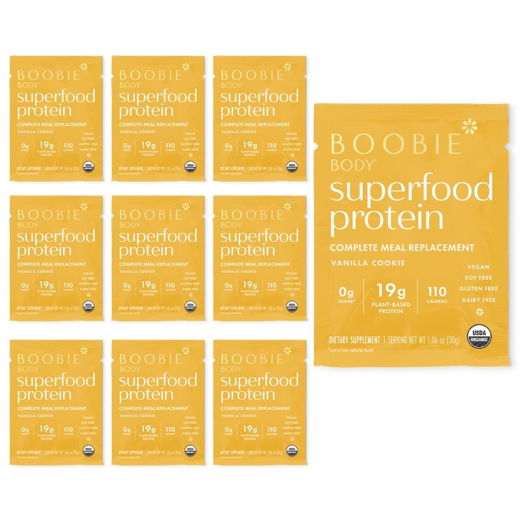 Boobie Body Superfood Protein Shake for Moms, Ciąża i Lactation Support Protein Proszek do zwiększenia podaży mleka, Probiotyki, Organiczne, Darmowy, Gluten- Free Wegan Vanilla Cookie Single Srv 10pk