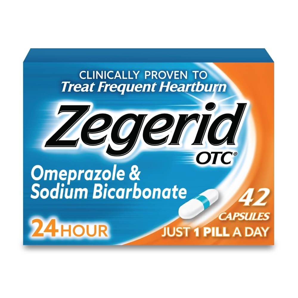 Zegerid OTC, 24- godzinna ulga Heartburn Relief, Acid Refluks Medicine and Antacid, Treats Frequent Heartburn, Omeprazol 20mg + dwuwęglan sodu, Inhibitor pompy protonowej (PPI), 42 kapsułki