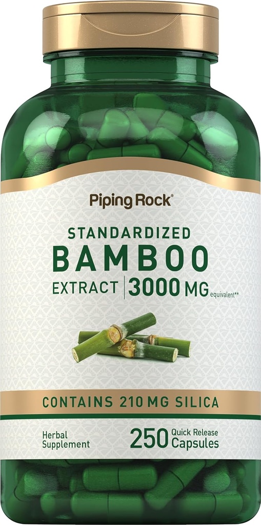 Piping Rock Bamboo Extract Kapsułki 124; 3000mg 124; 250 Count 124; Herbal Supplement Supplement 124; Silica 210mg Supplement 124; Non-GMO, Gluten Free