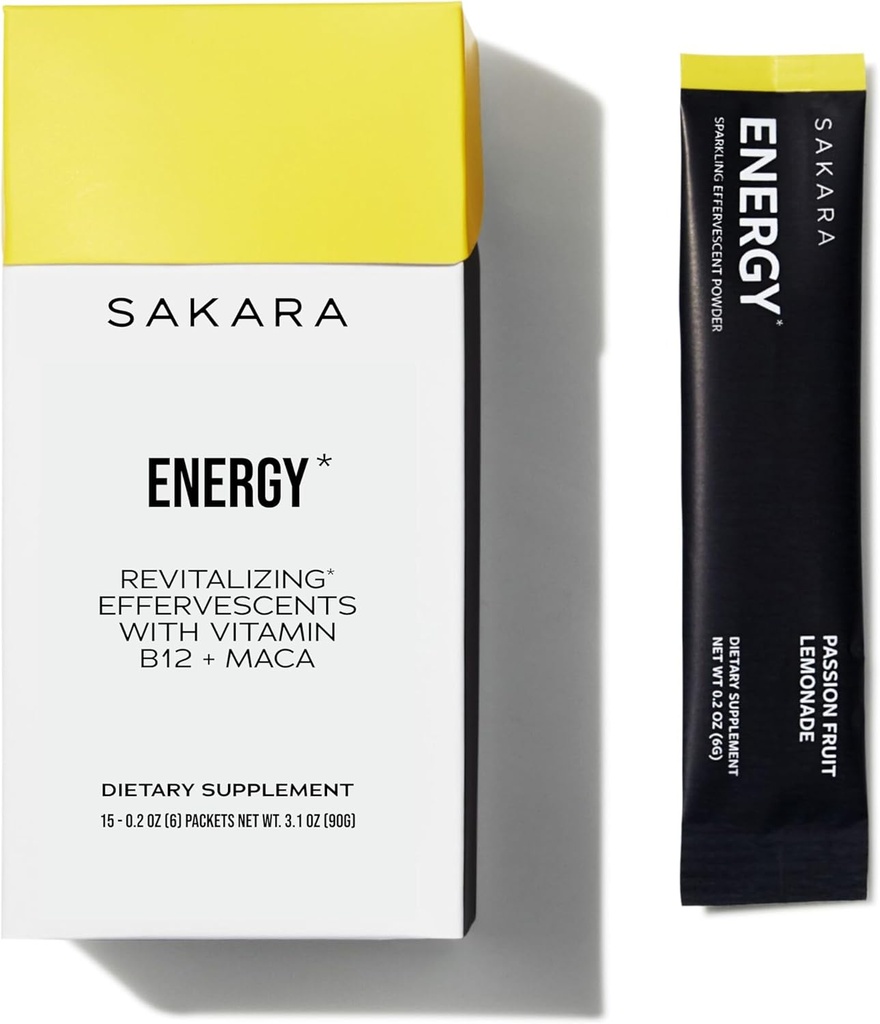 SAKARA Energy Effervescents, 15 Pakiety - Rafinowane pakiety proszku bez elektrolitów cukrowych z witaminą B12 & L Theanine, Pakiety wody aromatyzowanej, Proszek nawadniania, Proszek elektryczny napój energetyczny