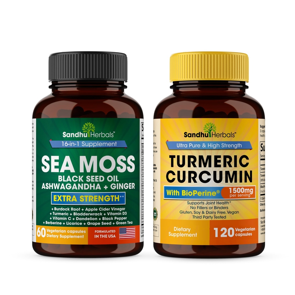 Sandhu Herbals Seamoss & kurkumina kurkumina z bioperine kapsułki 124; Wspiera immunologiczne, Digestive, Cognitive, skóry i włosów zdrowia