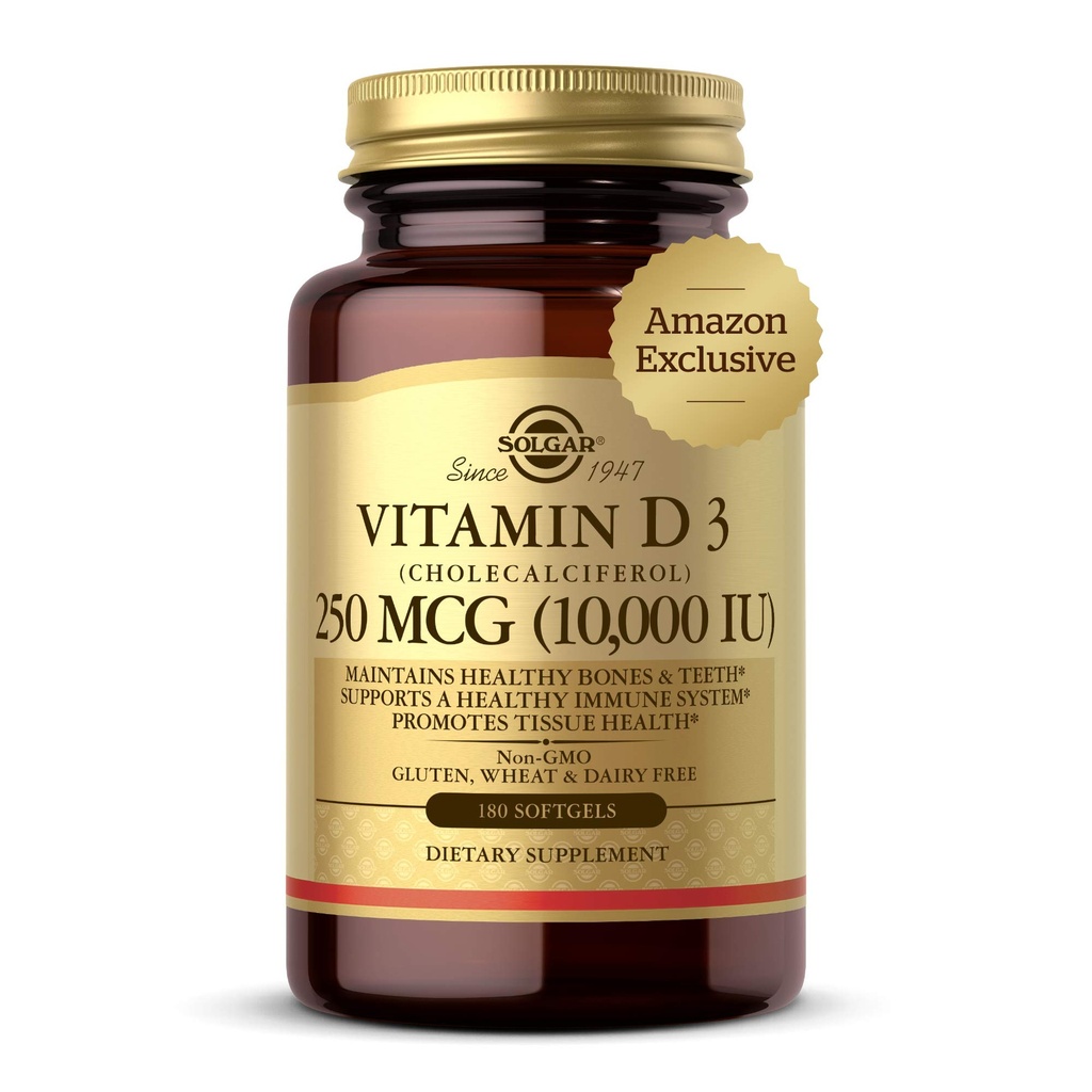 Solgar Witamina D3 Cholecalciferol 250 MCG 10000 IU Softgels pomaga utrzymać zdrowe kości Zęby immunologiczne Wsparcie dla systemu nie- GMO Gluten, Wolne usługi mleczarskie, 180 Liczba