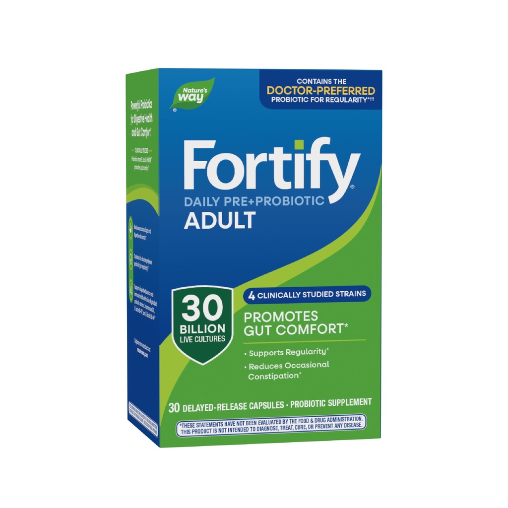 Nature 's Way Fortify Daily Pre + Probiotic Adult 30 Billion, Probiotyki dla immunologicznego i pokarmowego wsparcia zdrowia *, 30 Billion Live Cultures, 30 Kapsułki