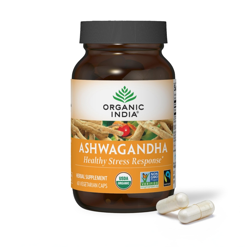 ORGANIC INDIA Ashwagandha Kapsułki - Organic Ashwagandha Suplement - Vegan Ashwagandha Koot, Gluten- Free, Kosher, Non-GMO, Wspiera Relief Stress, Energia i Sen - 60 Kapsułki