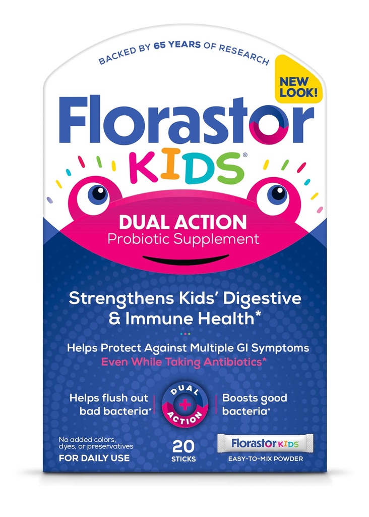 Florastor Dzieci Dual Action suplement probiotyczny, wzmacnia dzieci 'Digestive & Immune Health, 20 Easy- Mix Puder Sticks, Opakowania może Vary