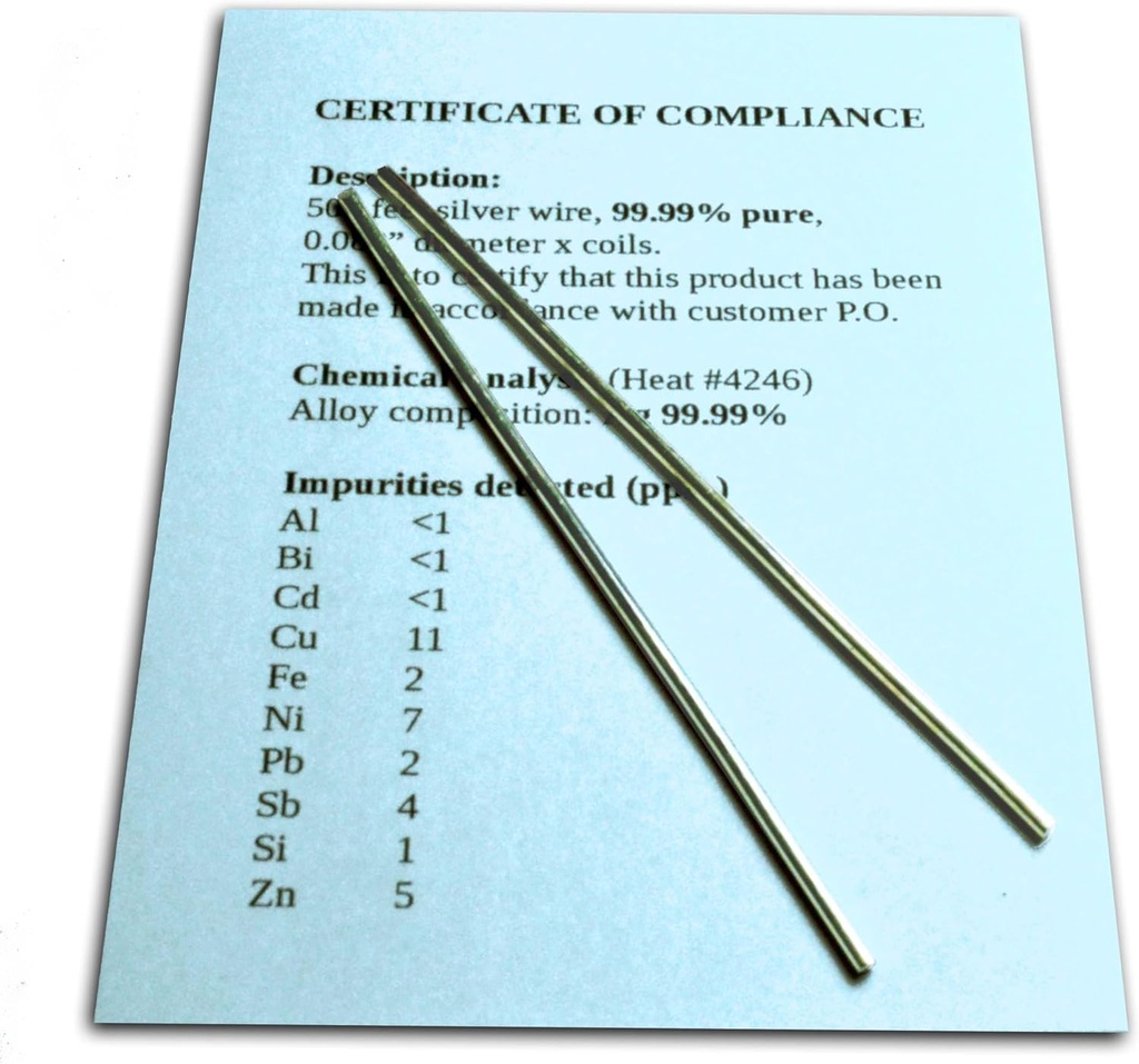 Colloidal Silver Generator Wire gwarantowane 99,99% Czysty - Zestaw (2) 4 "Elektrody Rods 12- Gauge (0.08 w. / 2.06 mm) z certyfikatem zgodności / Kompletna analiza chemiczna składu stopu