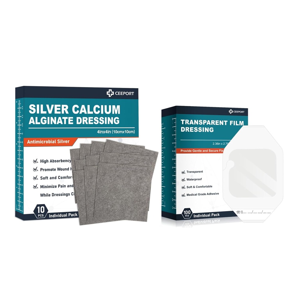 Silver Calcium Alginate Dressing (4 "x4" 10szt.) + Transparent Film Dressing (2,36 "x 2,75" 100szt.)