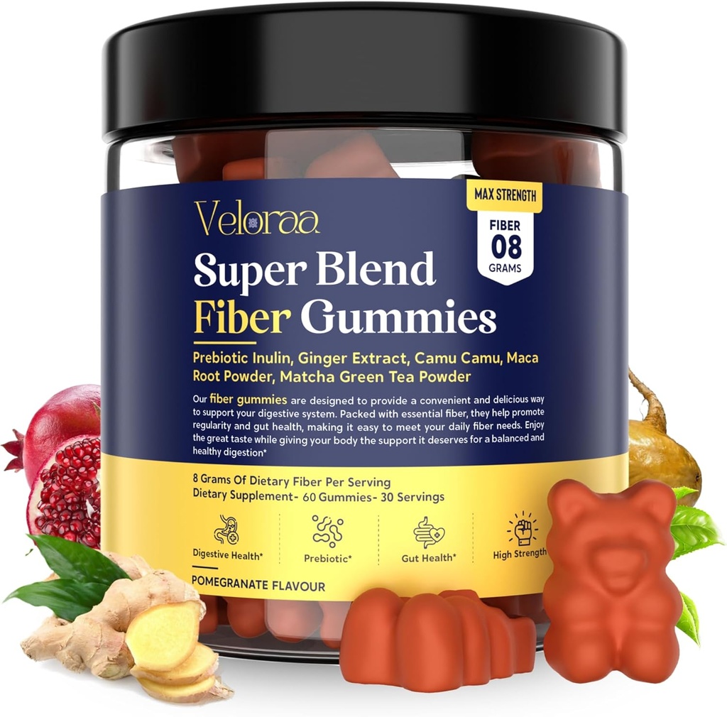 Super Blend Fiber Gummies dla dorosłych - 8g Prebiotic Fiber Gummies, Supports Digestive Health, Bloating Relief & Wellness, Infused with Ginger, Camu Camu & Match, Strawberry Flavor - 60 Count