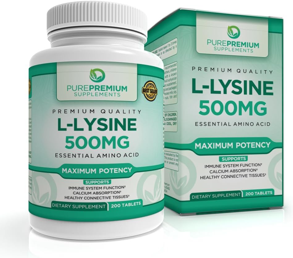PurePremium L- Lysine 500 mg Supplement - Esential Amino Acid with Maximum Strength - Immune Supplement - Pure Lysine 500mg for fast Absorption - 7 Months Supply - 200 Tabletki
