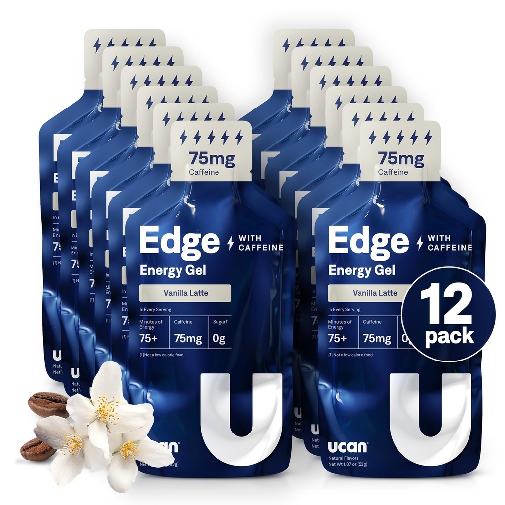 UCAN Edge Energy Gel Shots, Vanilla Latte + Kofeina (12, 2 Ounce Pakiety) do biegania, Szkolenia, Trening, Fitness, Jazda na rowerze, Crossfit 124; Bez cukru, Wegan, & Keto Przyjazna Energia