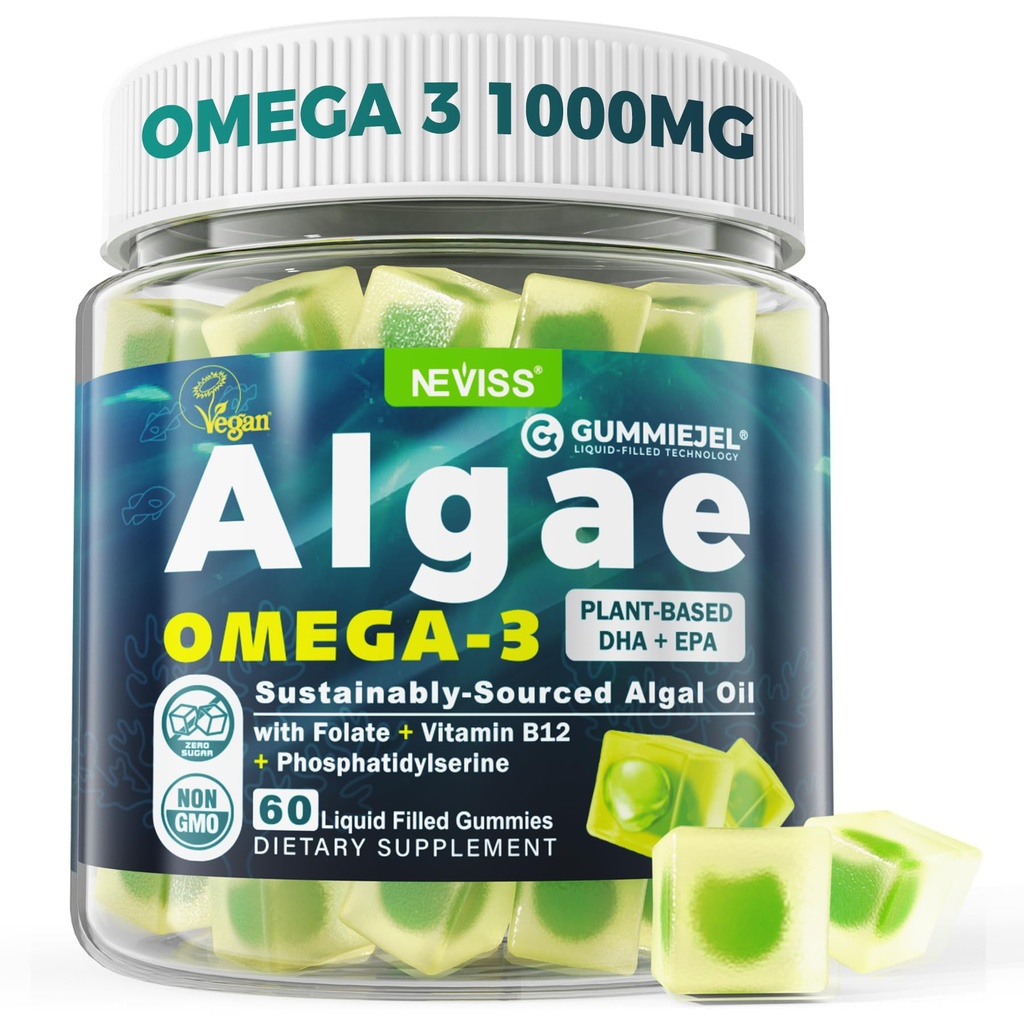Wegańskie gumki Omega-3 dla dorosłych, alternatywa oleju rybnego od oleju z alg, rośliny oparte DHA 460mg & EPA 230mg Plus Metylfolian, Witamina B12, Fosfatydylseryna, No Fishy Taste, Wegan, Cukier wolny, 60 Cts