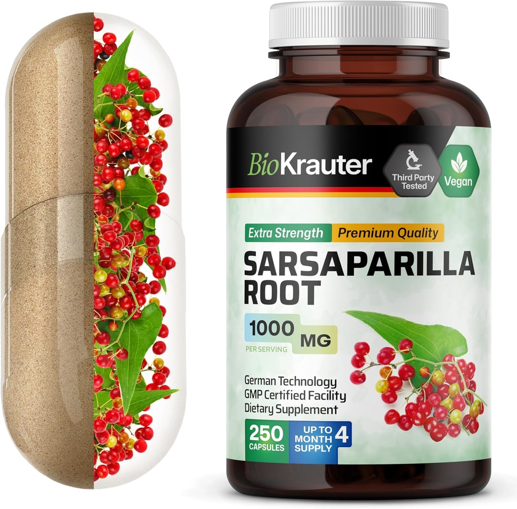 BIO KRAUTER Sarsaparilla Korzeń kapsułki - 1000 mg Moc - 250 Vegan Sarsaparilla Extract Caps - No Fillers