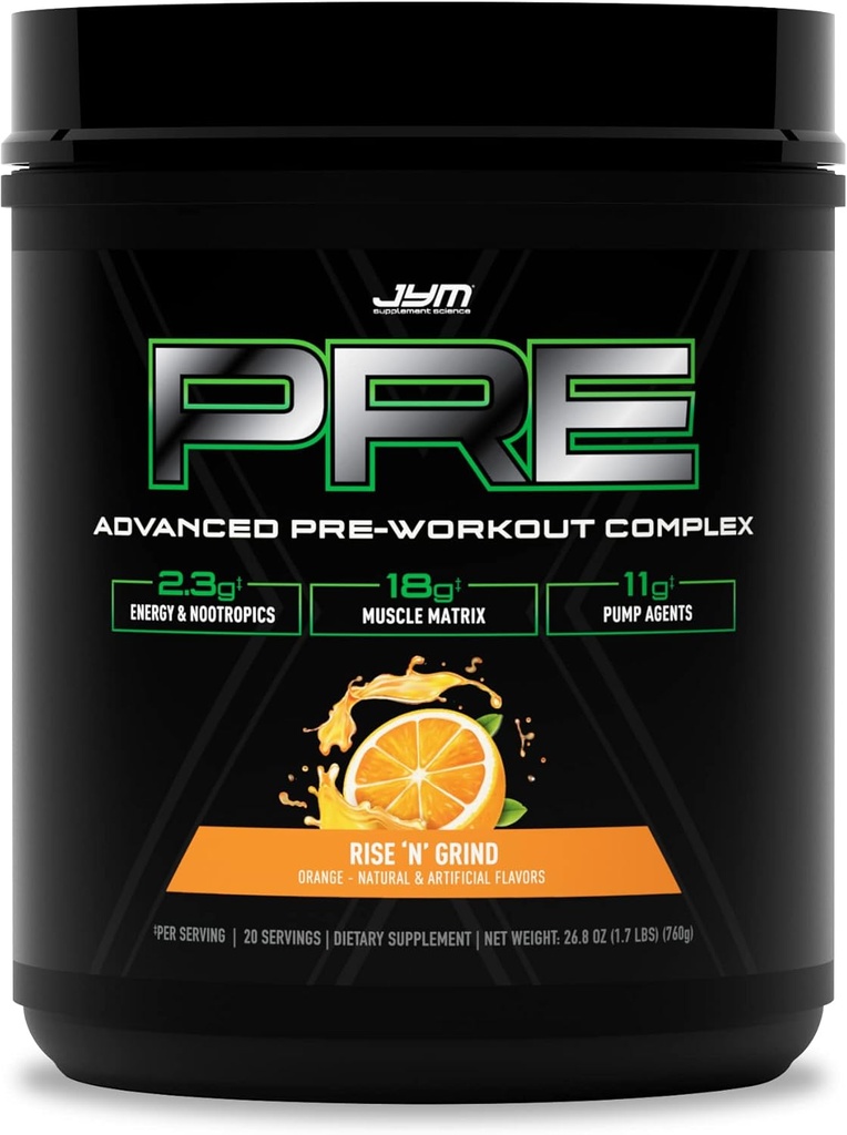 Pre JYM X Rise N 'Grind Advanced Pre- Workout Puder Massive Pomps, Citruline Nitrate, Dynamine, NO3T Betaine, BCAA' s, Nootropics, Kreatyna, Beta- Alanina, JYM Supplement Science, 20 Służenia