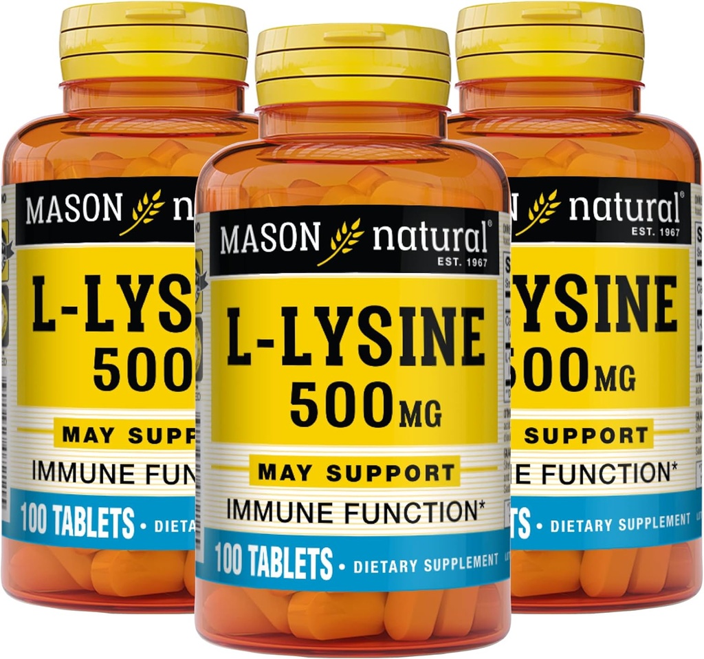 MASON NATURAL L- Lyzyna 500 mg z wapniem - Ulepszona funkcja immunologiczna, Zwiększone wchłanianie składników odżywczych, Zasadniczy kwas aminoaminowy, 100 tabletek (opakowanie po 3)