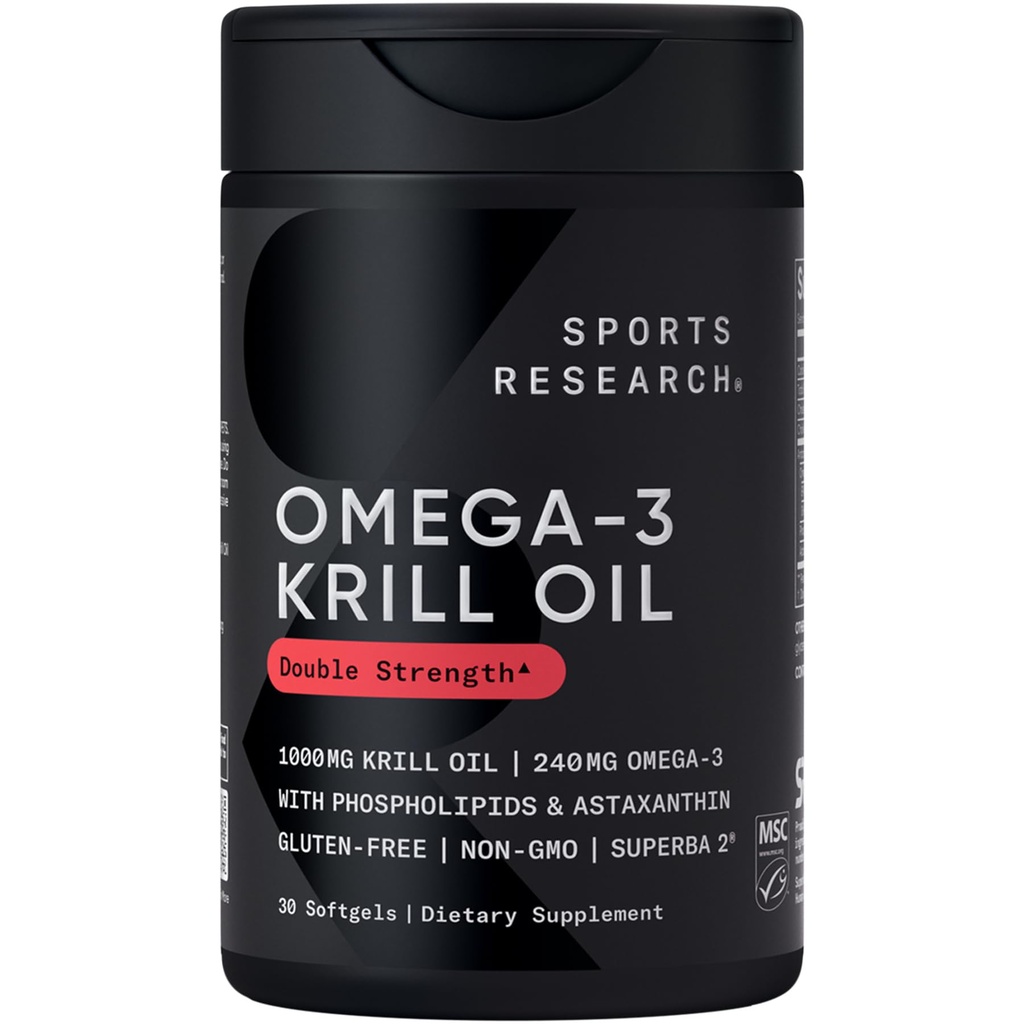 Sports Research Krill Oil Supplement with EPA & DHA Omega 3, Fosholipids & Astaxanthin from Antarktyka - Najwyższe stężenie oleju kryla dla mężczyzn i kobiet - 1000mg, 30 Softgel kapsułki