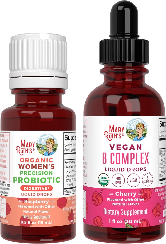 MaryRuth Organics Precision Probiotic for Women (Malina) & B Complex Drops (Cherry) 124; USDA Organic, Clean Label Project Verified ® Revised 124; Witaminy dla Gut Health & Immunitety Department 124; Vegan, Non-GMO, Gluten Free