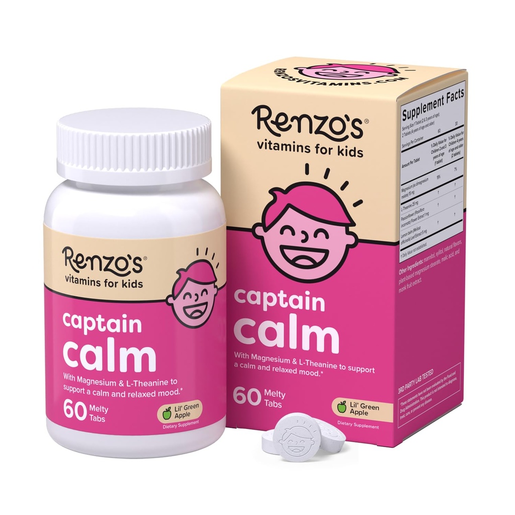 Suplement Magnezu Captain Calm Kids Renzo z L- Theanine, Rozpuszczalne Witaminy dla dzieci do relaksacji i wsparcia nastrojów, Tab bez cukru, Green Apple Flavor, 60- Count (1-2 Month Supply)
