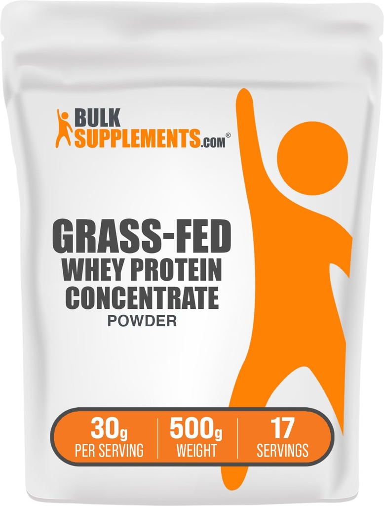 BulkSupplements.com Grass Fed Whey Protein Powder - Proszek koncentrat białka serwatki - Unflavored & Gluten Free, 30g na serwowanie, 500g (1.1 lbs) (Opakowanie po 1)