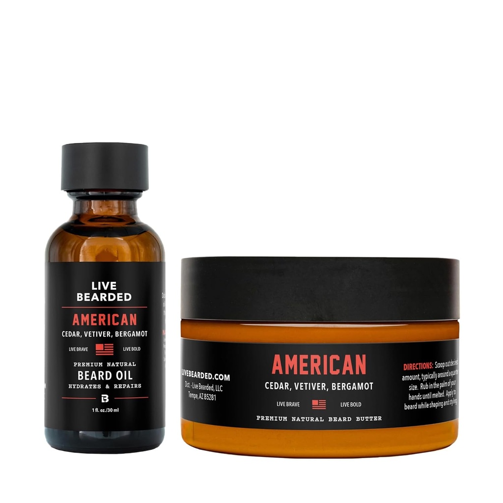 Żywe Beard Beard Oil and Butter Grooming Kit - Made in the USA - All- Naturalne składniki z Shea, Argan, Jojoba - Wsparcie wzrostu 124; Amerykański Scent - Cedar, Vetiver, Bergamot