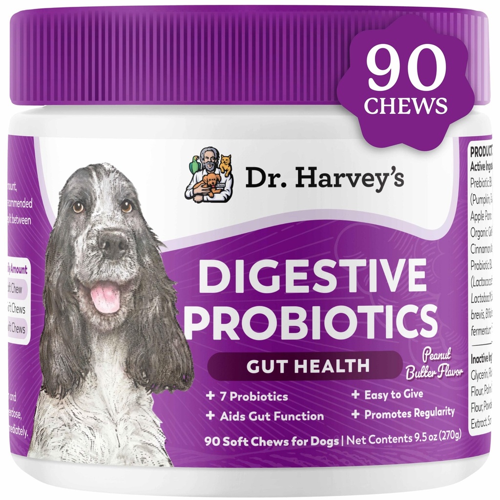 Dr Harvey 's Digestive Probiotic Soft Chews for Dogs, 9 Probiotyki dla Gut Health, Biegunka i Wołowina Wsparcie, Masło orzechowe Flavor (90 Chews)