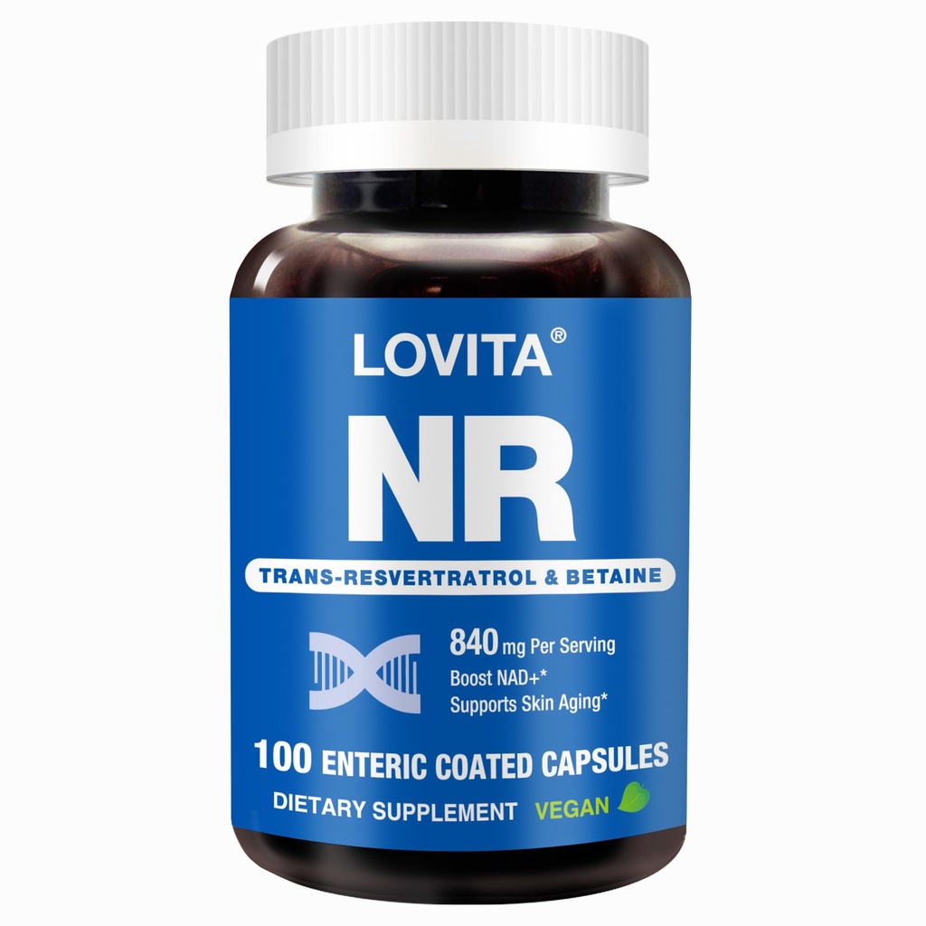 Lovita NR (Nikotynamid Ribozyd) 840 mg, suplement NAD z trans- resweratrol i Betaine, Promowanie NAD Plus Poziomy, Zdrowe Starzenie, 100 Kapsułki Vegan Enteric- Coated