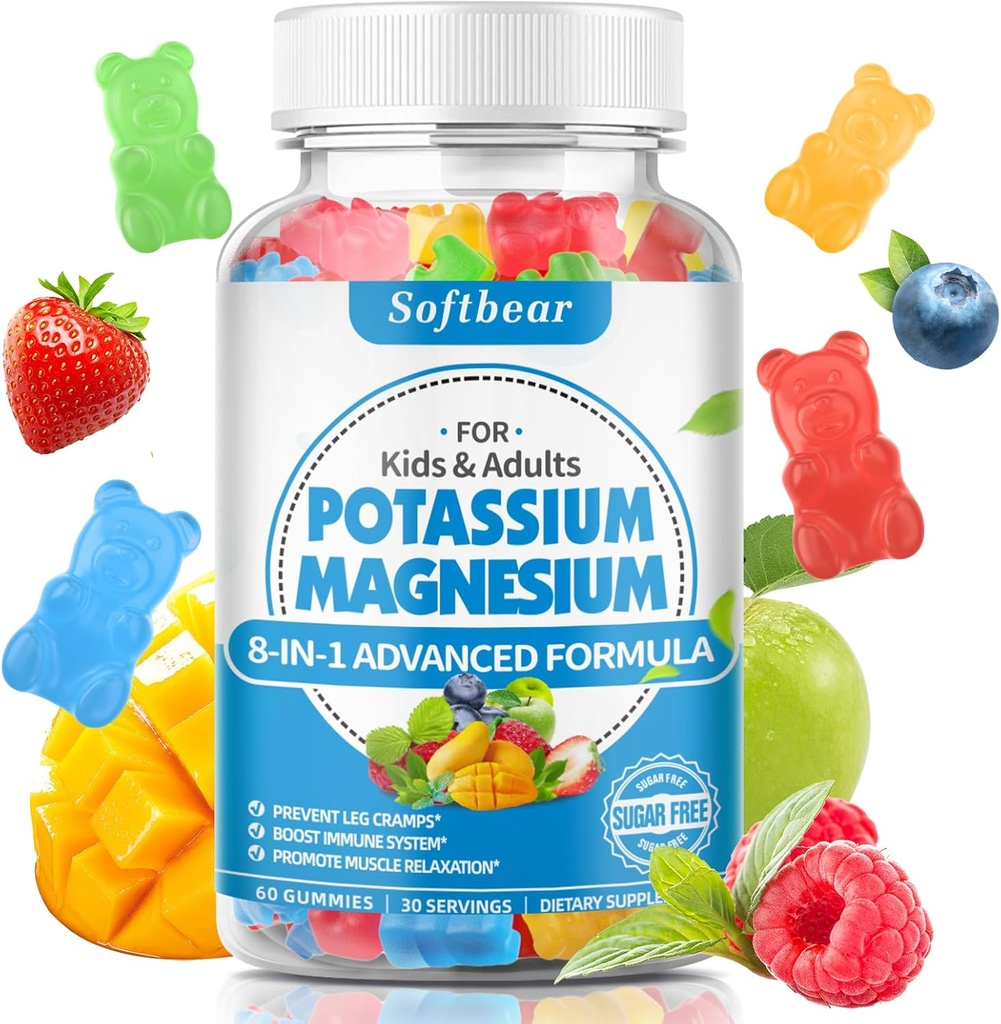 softbear Gummie potasu dla dorosłych, Wysoka absorpcja Potasu Magnezu Suplement z witaminą B6 CoQ10 dla Kramp Nogi i Mięśnie Zdrowie Bez cukrów Wegan Mieszany Fruit Flavor 60 Gummies