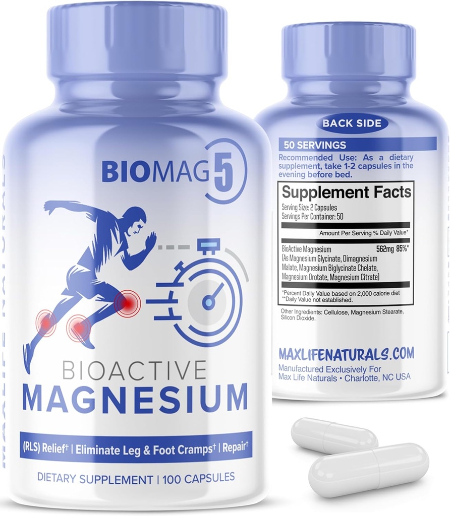 BioMag 5 Magnesium Complex Supplement for Women and Men, 100 Capsules - Formulated in USA - BioActive and BioAvailable Magnesium Glycinate Malate Citrate Orotate and Biglycinate Chelate Supplements