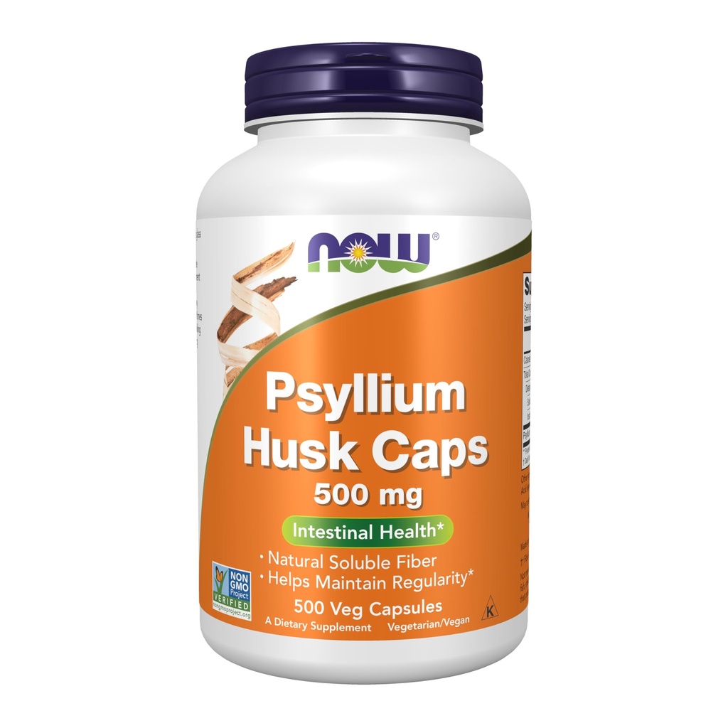 Teraz żywności Suplementy, Pyllium Husk Czapki 500 mg, NieGMO Projekt zweryfikowany, Natural Solvable Fiber, Zdrowie jelit *, 500 Kapsułki Veg