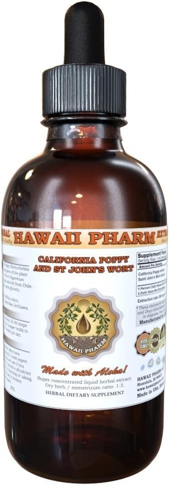 HawaiPharm California Poppy and St John 's Wort Liquid Extract, Organic California Poppy (Eschscholzia California) and St John' s Wort (Hypericum Perforatum) Tincture Supplement 4 oz