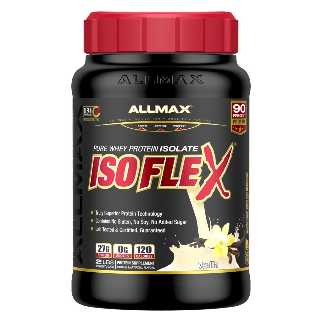 ALLMAX ISOFLEX Izolat białka serwatki, Vanilla - 2 lb - 27 gramów białka na miarkę - Zero tłuszczu i cukru - 99% Laktoza wolna - Gluten Free & Soy Free - około 30 Sług