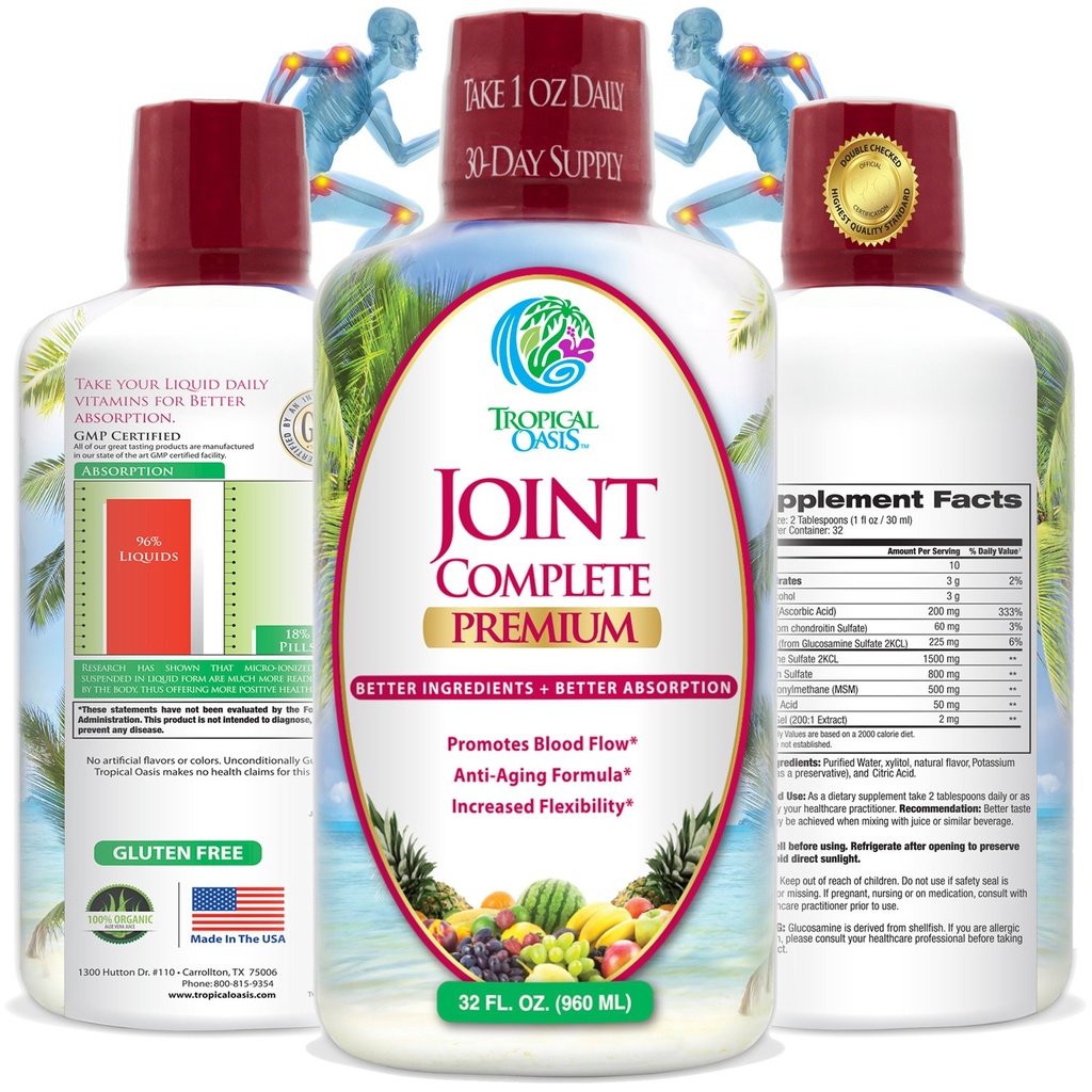 Tropikalna Oaza Joint Complete Premium - Liquid Joint Supplement with Liquid Glucozamine Sulote, Chondroitin, MSM & Hyaluronic Acid - 96% Max Absorption- 32oz, 32 serv, 33484