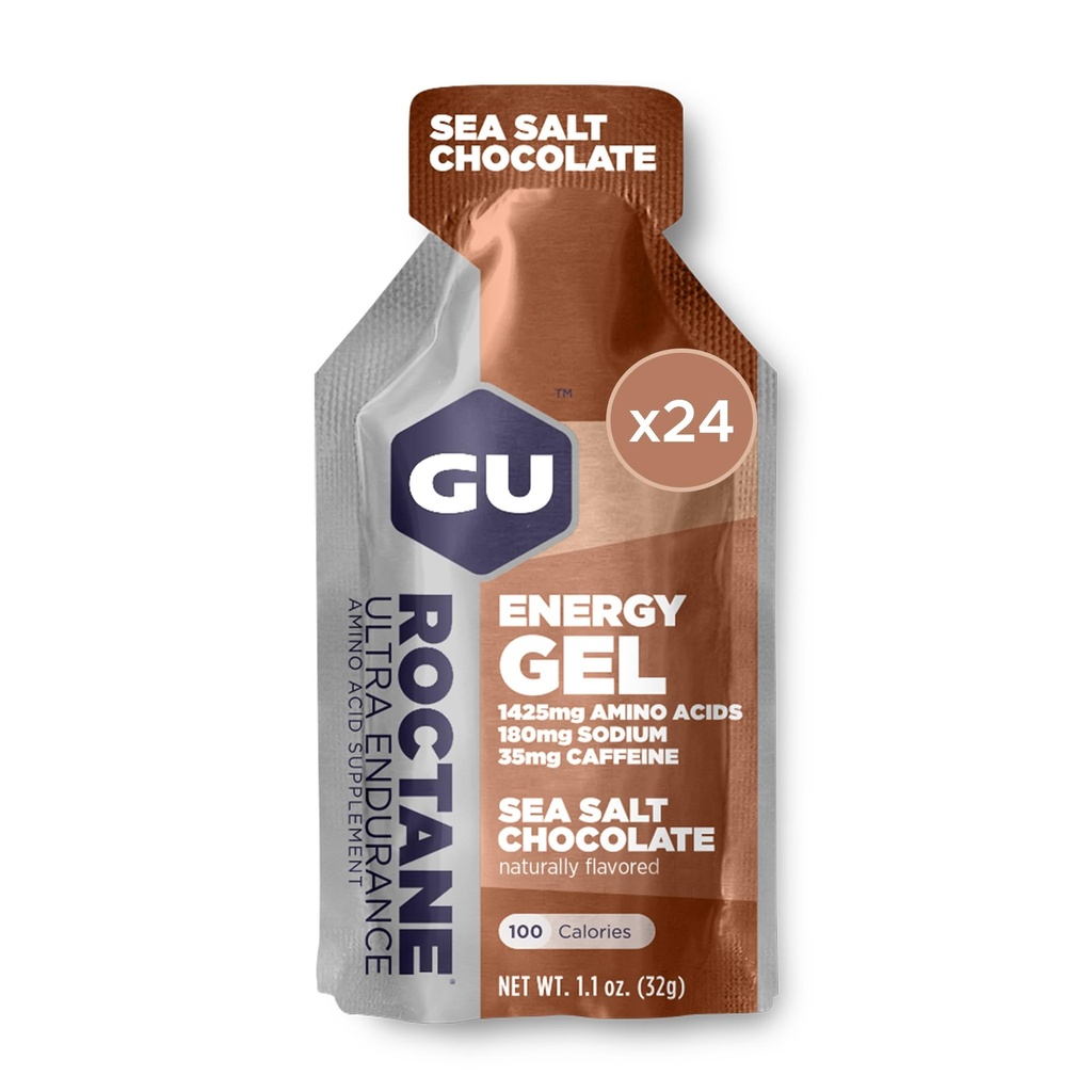 GU Energy Roctane Ultra Endurance Energy Gel, Vegan, Gluten- Free, Kosher i Dairy-Free On- The- Sports Nutrition for Running, Kolarstwo, Turystyka lub Narciarstwo, Sea Salt Chocolate, 24- Count