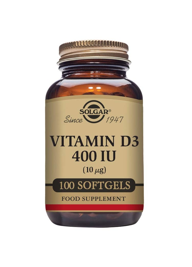 Witamina Solgar D3 (Cholecalciferol) 10 MCG (400 j.m.), 100 Softgels - Pomaga utrzymać kości i zębów - Wsparcie układu immunologicznego - Non-GMO, Gluten Free, Dairy Free - 100 Sługi