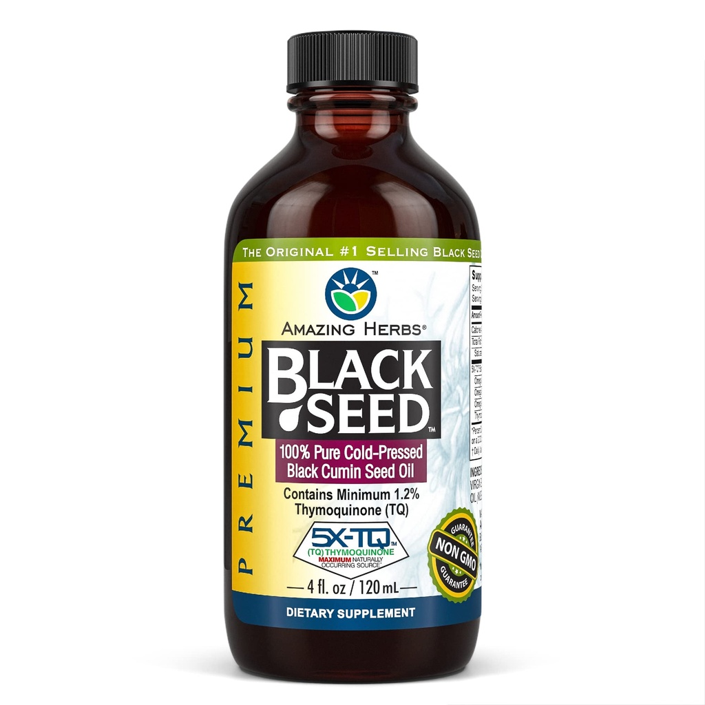 Amazing Herbs Premium Black Seed Oil - Gluten Free, Nie GMO, Cold Pressed Nigella Sativa Aid in Digestive Health, Wsparcie immunologiczne, Funkcje mózgu - 4 Fl Oz