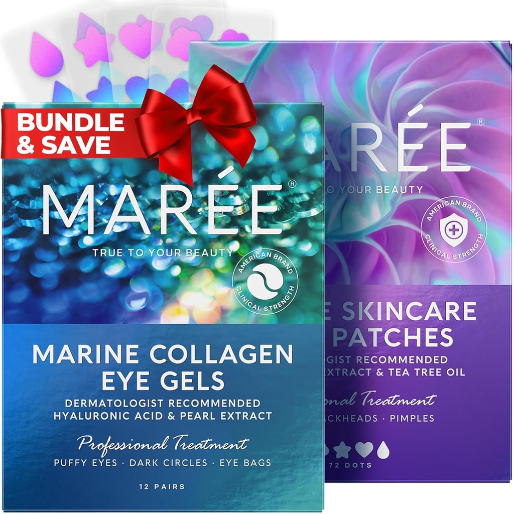 MAREE Eye Gels & Acne Сlearing Devices Bundle - Under Eye żele do puffy Eyes and Dark Circles, Hydrocoloid Acne Therapy Device - Marine Collagen & kwas hialuronowy, Green Algae Extract & Tea Tree Oil