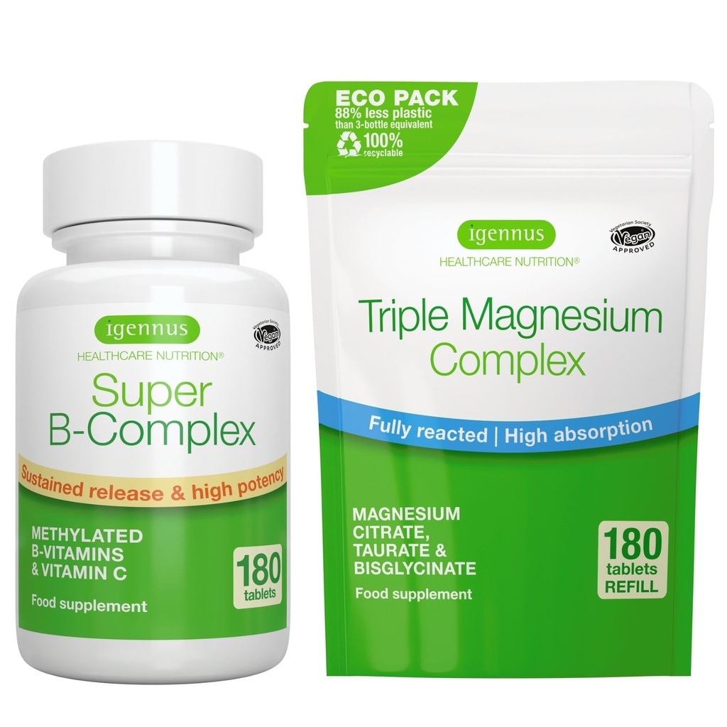 Super B- Complex 180 Tablets + Triple Magnezu Complex 180 Tablets Vegan Bundle, Metylowany Trwały Release B Complex + Wysoka Absorpcja Chelated Magnezu Glicynian, Taurate & Cytrate, przez Igennus
