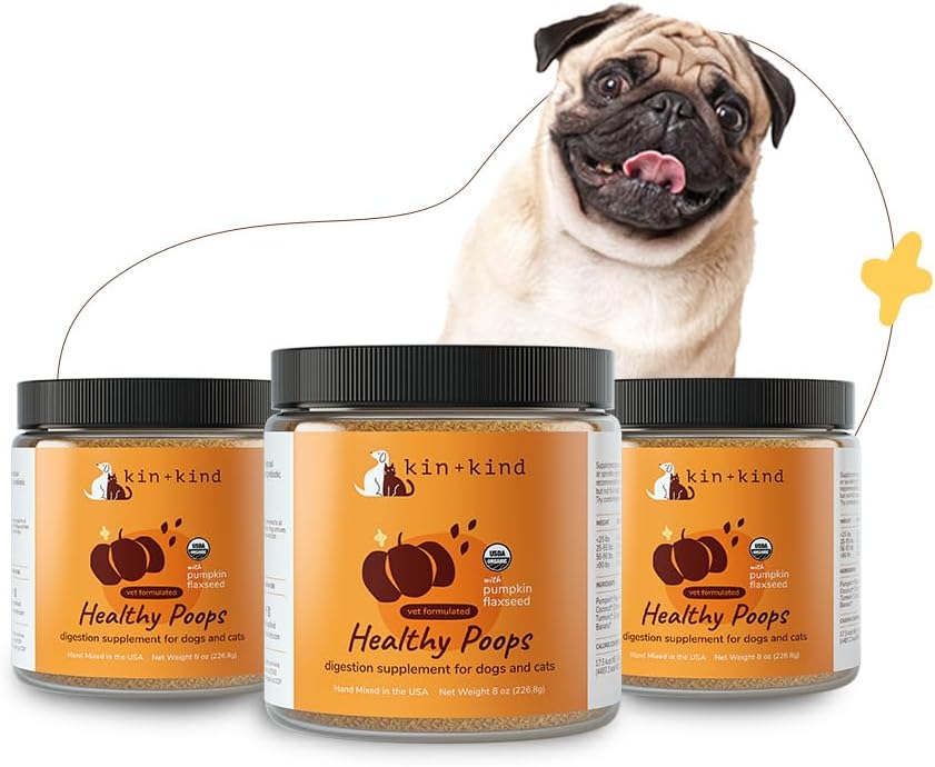 kin + rodzaj Organic Fiber for Dogs & Cats - Pumpkin Boost for Healthy Poops - Zdrowie pokarmowe - Nasienie lniane, Ginger, Turmeric i Kokosowe - Made in USA - Bundle (3 x 8 oz)