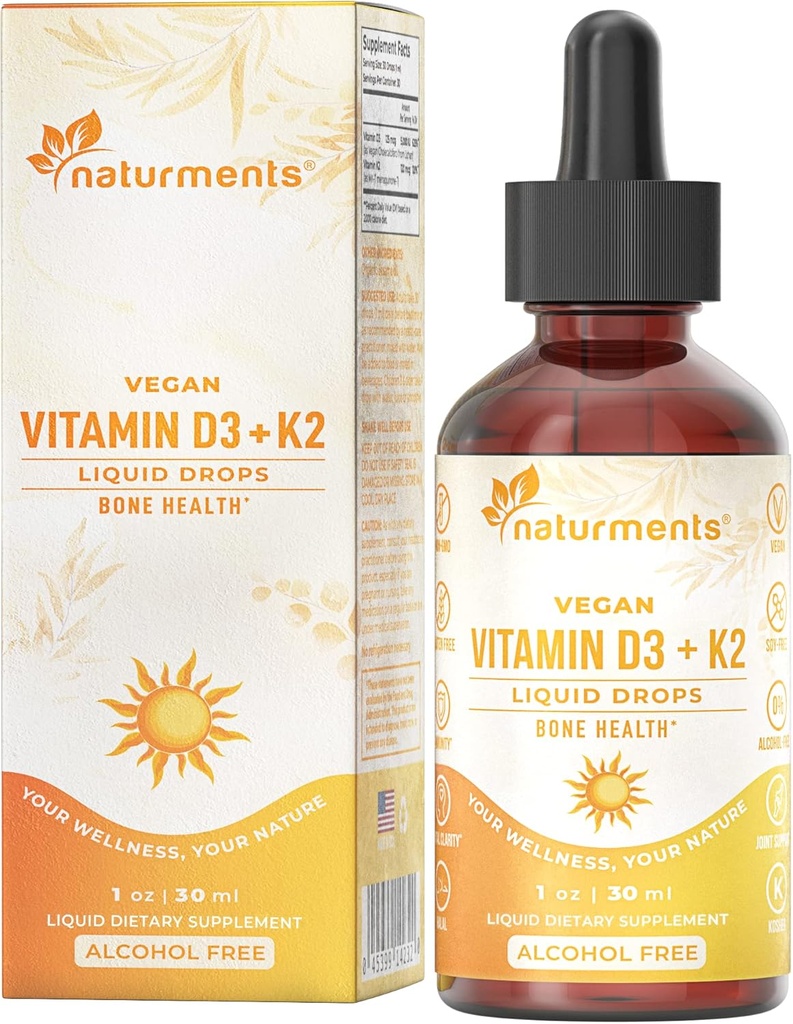 Naturments Witamina D3 z K2 Krople płynne (jako Lichen) + K2 Complex: for Bone and Heart Health Formula Immune Support and Energy - Szybsza absorpcja Non-GMO, Wegan Alkohol wolny, Cukier wolny 1 Fl Oz