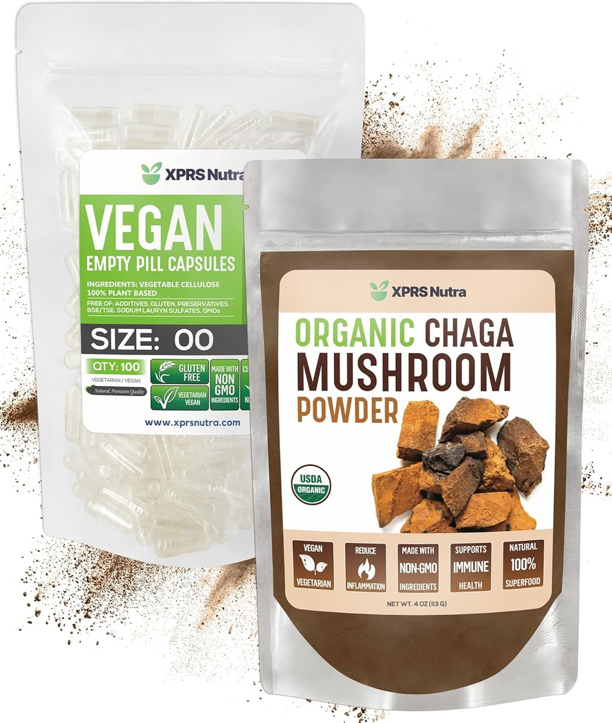 XPRS Nutra Organic Chaga Proszek 4 unce z rozmiarem 00 Preseparowane puste kapsułki (100 Count)