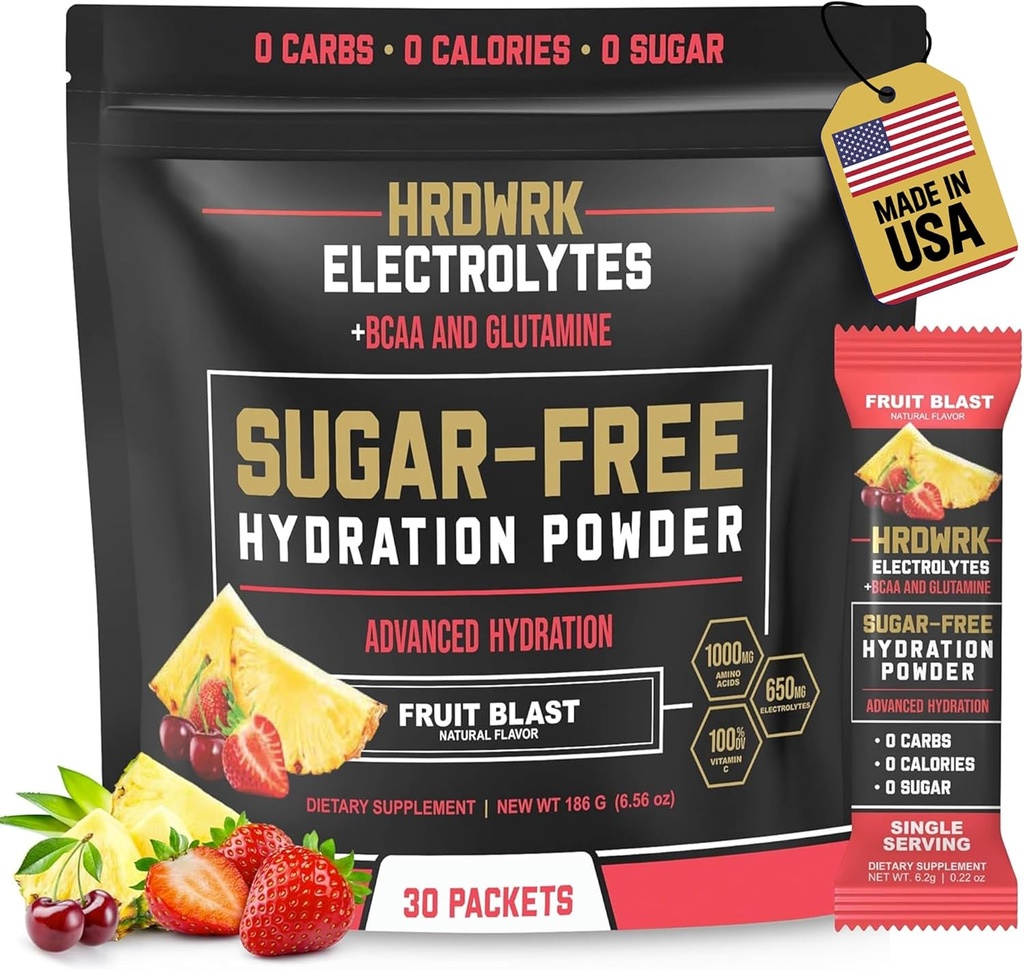 HRDWRK Pakiety proszku elektrolitów z magnezem, Sodu potasu, Nawodnienie Keto - BCAA Pakiety proszku elektrolitów z glutaminą, 30 Pakiety proszku elektrolitów bez cukru (Fruit Blast)