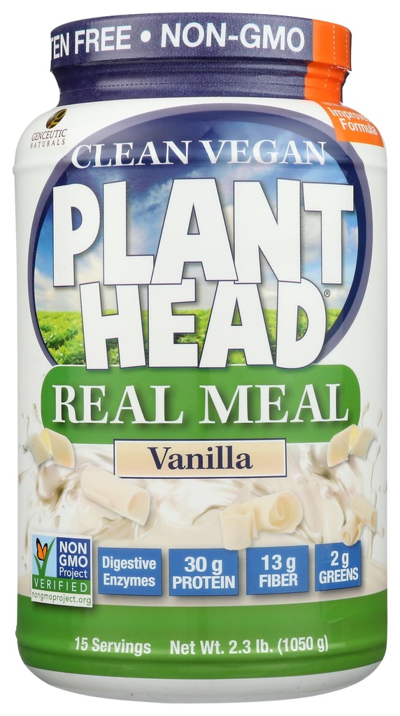 Roślina Głowica Real Meal Organic Plant w proszku białko, Wanilia - Wegan, Węglowodory niskonetto, Non Dairy, Gluten wolny, Laktoza wolna, Nie dodano cukru, 2.3 funt