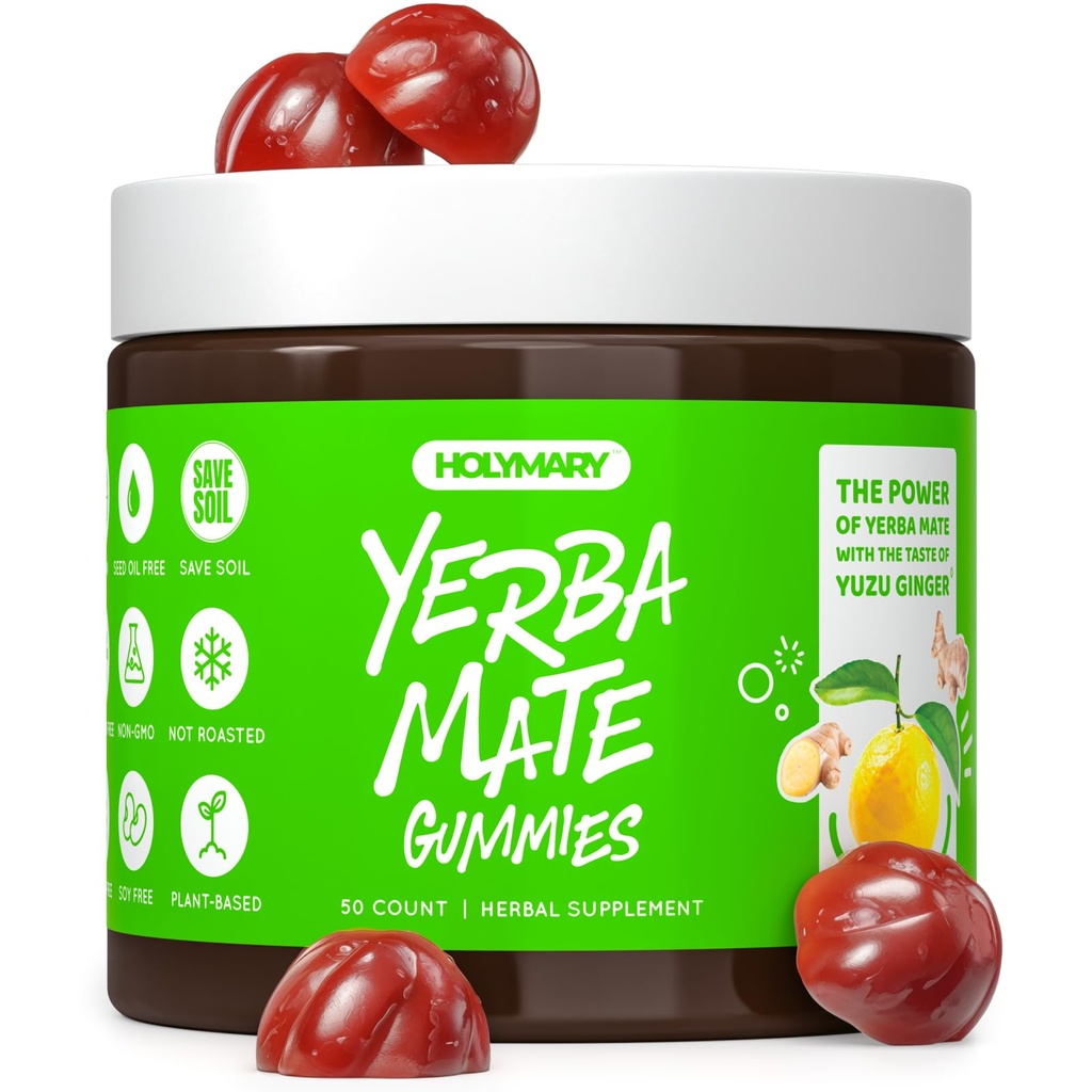 Yerba Mate Gummies - Yuzu & Ginger Flavor for Energy, Focus, Immunitet & Cardio Health Agregat 124; Wegan, Non-GMO, Gluten- Free - 50 Natural Supplement Gummies