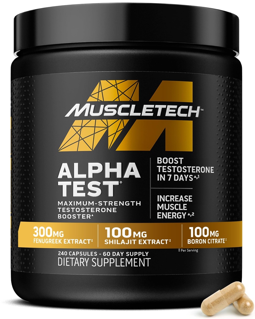 MuscleTech Testosteron Booster dla mężczyzn, AlphaTest - Suplement T- Boost Mens z Tribulus Terrestris & Boron - Daily Mężczyzna Gym Trening Suplementy do Muscle Growth, Stamina & Energy - 240 Pigułki
