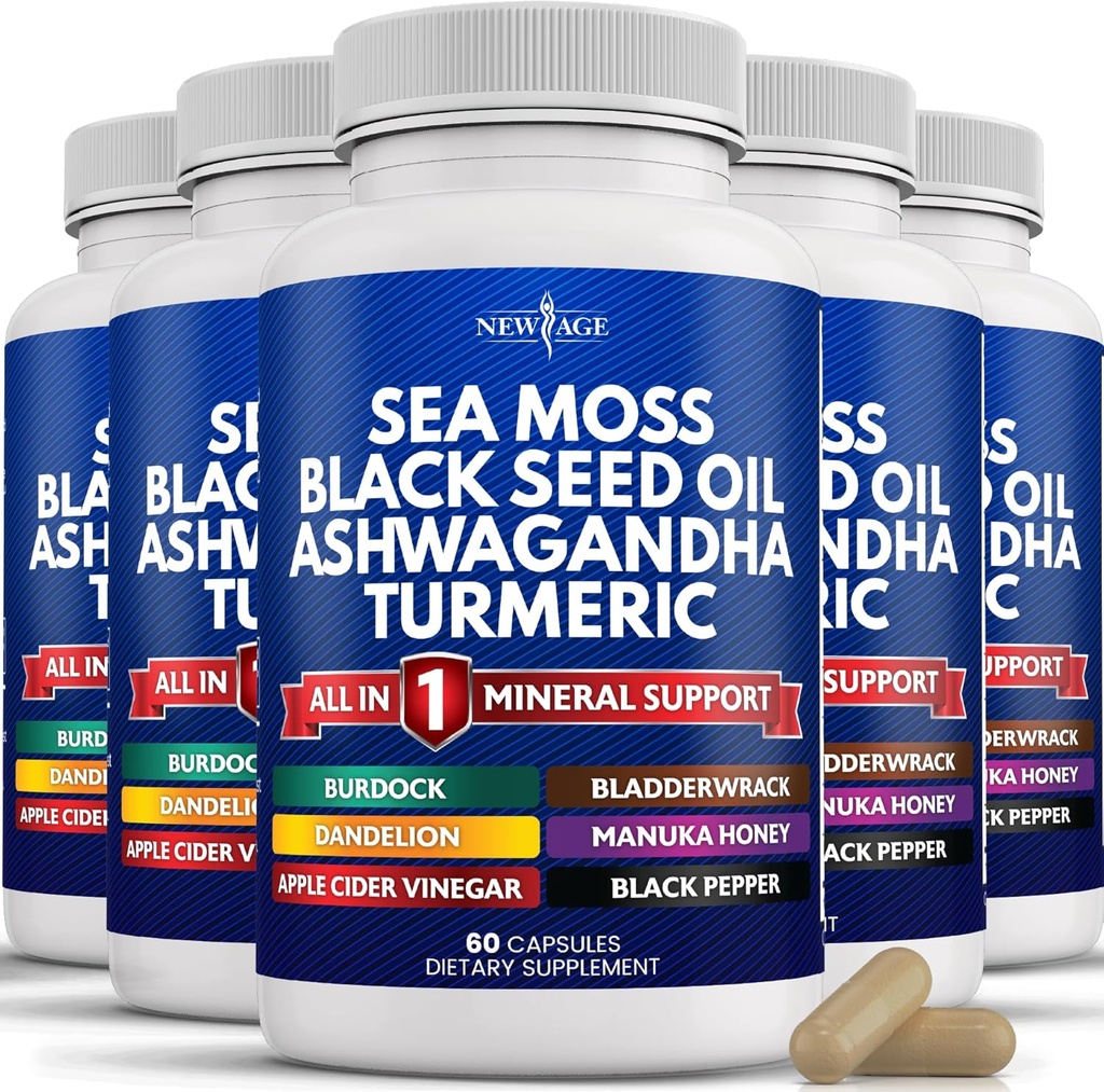 Nowy wiek Moss Black Seed Oil Ashwagandha Turmeric Bladderwrack Burdock - z Manuka, Honey Dandelion, ACV Black Pepper Gluten Free