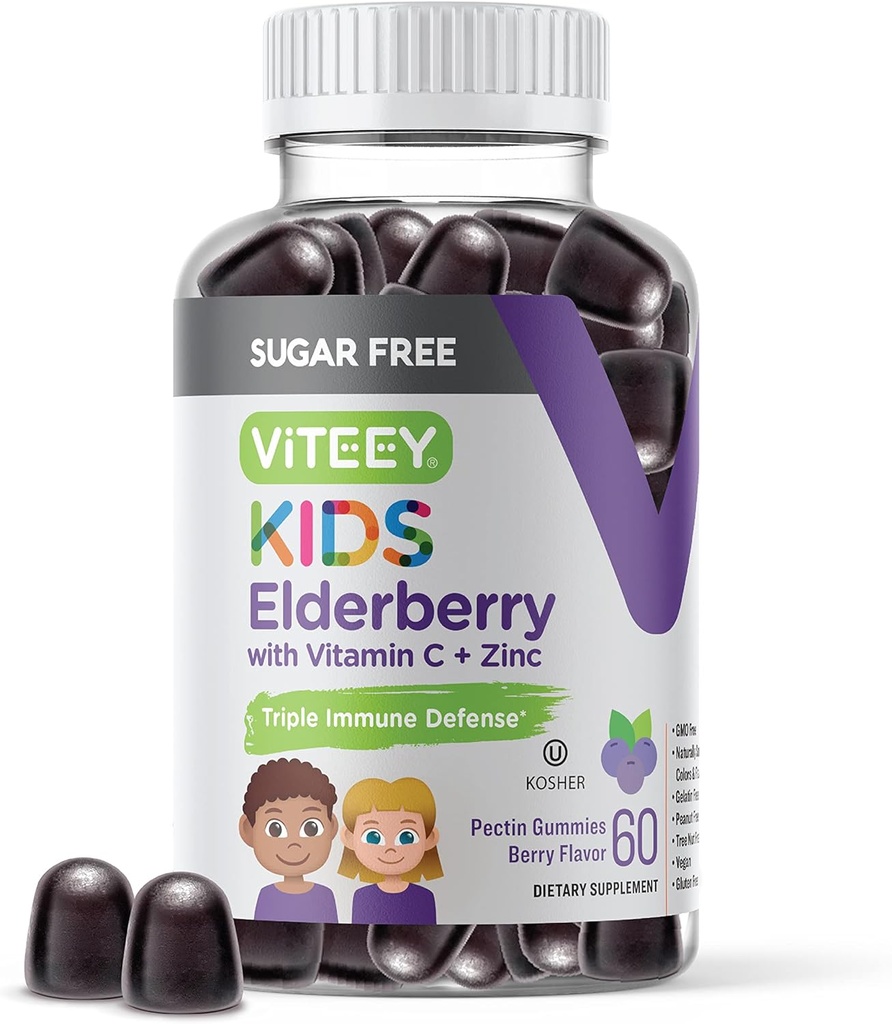 Viteey Sambucus Gummies Elderberry dla dzieci - Cukier - Suplementy wsparcia immunologicznego z witaminą C & Cynk, [3-1 Immune Booster] Wegan, Żelatyna Free, Gluten Free - Smaczne Chewable Berry Flavored
