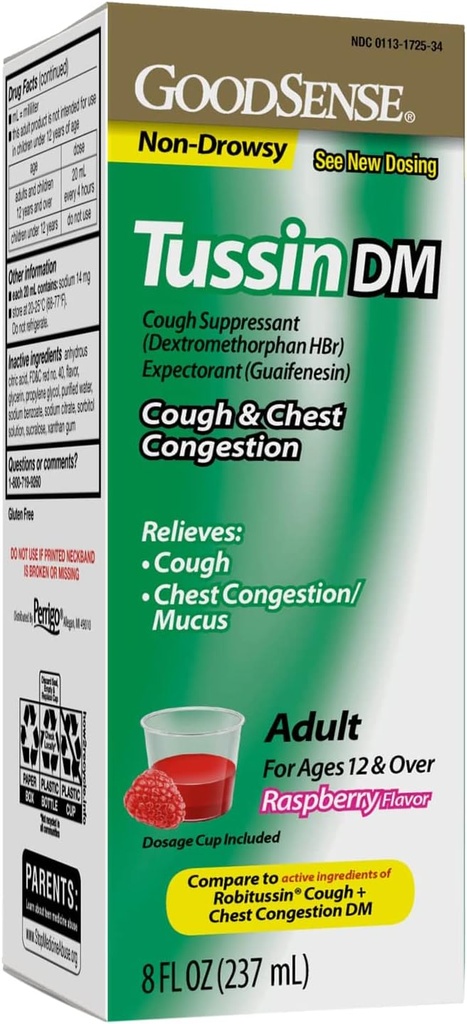 GoodSense Tussin Cough Syrop DM, Malina Flavor, Efektywna ulga dla kaszel i zatory w klatce piersiowej, cienki Mucus, 8 Fl Oz