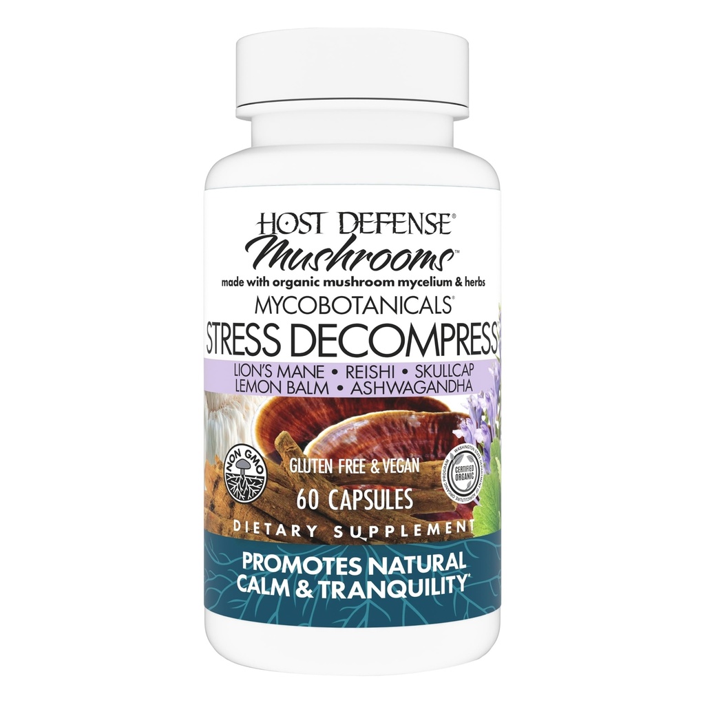 Host Defense Mycobotanicals Stress Decompress * Kapsułki - Suplement do grzybów z balsamem cytrynowym & Ashwagandha Root - z Reishi, Człowiek Lwa & Skullcap - 60 Kapsułek (30 Sług) *